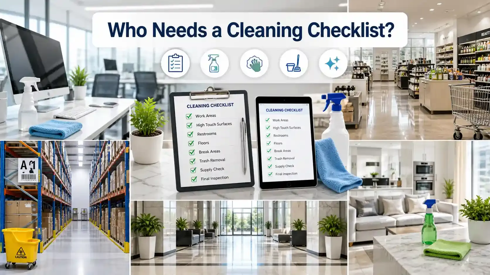 Cleaning checklist for businesses across office, retail, warehouse, and home